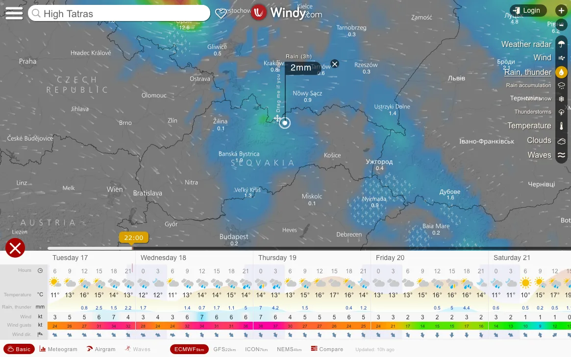 Mapa predpovede počasia a búrkových systémov na Windy